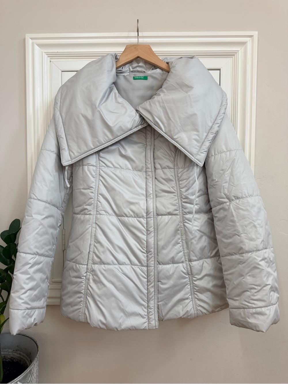 Light Gray Quilted Puffer Jacket with Belt